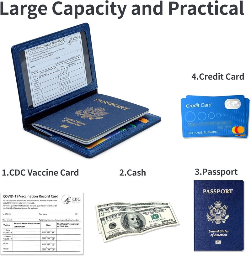 KAOBAN حافظة جواز السفر غطاء محفظة حالة حجب RFID جلدية مع فتحة بطاقة ملحقات السفر منظم الوثائق واقي للنساء والرجال، أزرق بحري - Image 3